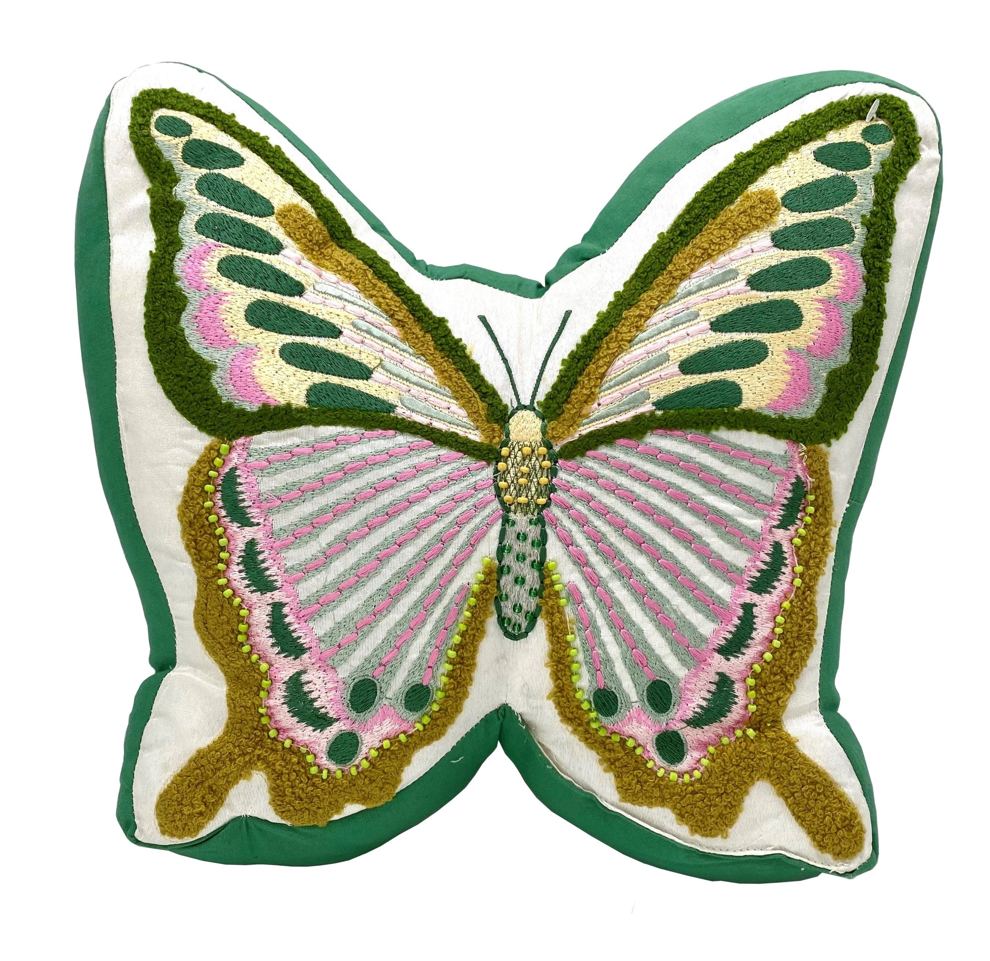 Add a fanciful flutter to your couch, bed, or dorm room with this beautifully embellished butterfly throw pillow. The colorful embroidery design is accented with beads for a three-dimensional effect. Materials: Polyester, beads Spot clean Dimensions: 11.5" x 11.5" x 2.5