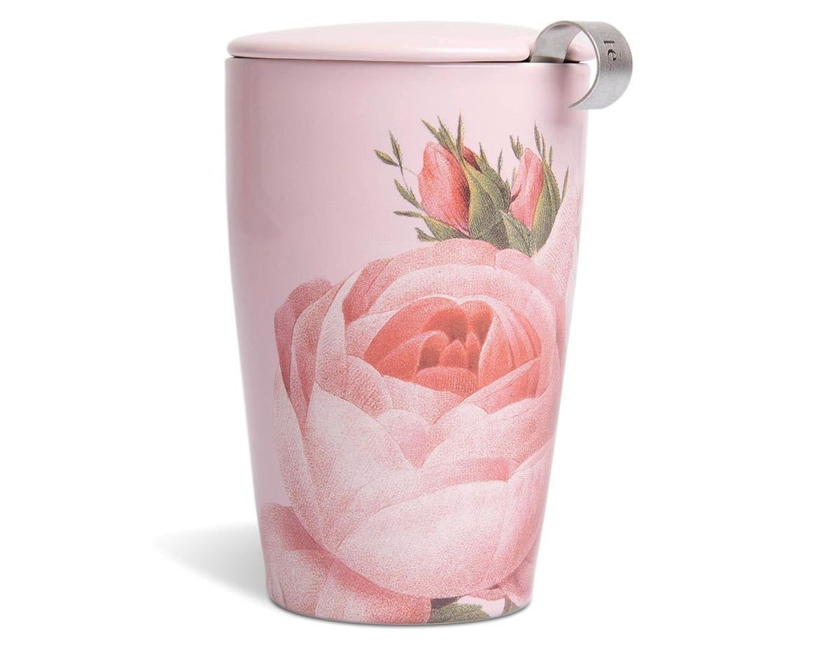 This double-walled ceramic tumbler and integrated stainless-steel infuser makes steeping loose tea by the cup easy. The innovative double-wall construction keeps the tea hot and the tumbler cozy to hold. Steeps 12 ounces. Ceramic cup &amp; lid are microwave &amp; dishwasher-safe. Rose-print design. 3.6 L x 3.6 D x 5.8 H&quot;